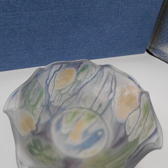 VINTAGE SMALL REUVEN RUFFLED EDGE ART GLASS BOWL & PLATE WATERCOLOR SATIN FINISH - Picture 9 of 12